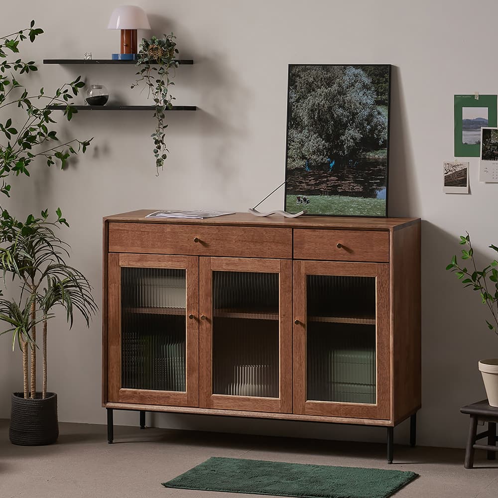 나무뜰 나무뜰 헤이즐 원목 그릇장 강화 모루유리 장식장 서랍 수납장 1200 GM388C - 최저가 199,000원