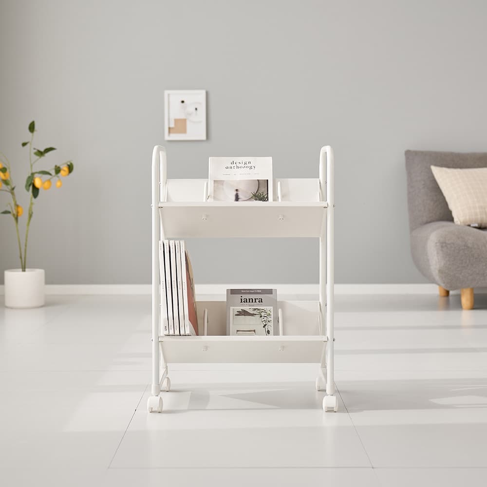 주부홀릭 이동식 북카트 책꽂이 북트롤리 화이트 2단