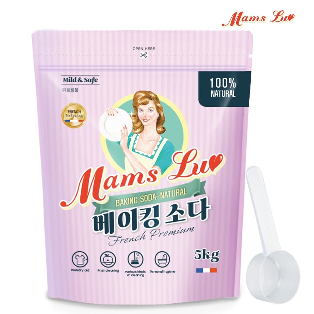 맘스럽 베이킹소다 파우치 5kg + 스푼 1개 프렌치 프리미엄 1등급원료 과일야채세척세제