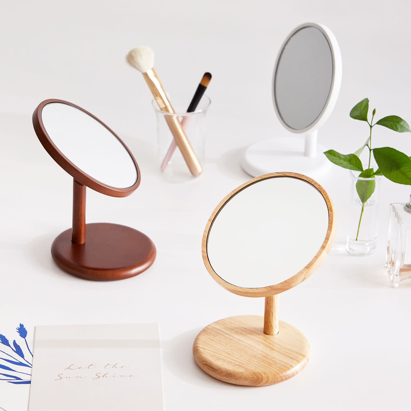 우디홈 코코 원목 미니 원형 탁상거울 화장대 우드 화장 거울