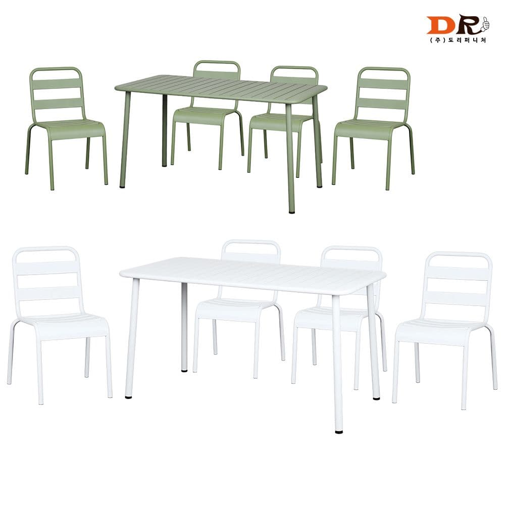 도리퍼니처 옴브르 4인 세트 / 야외 업소 카페 커피숍 테라스 식탁 테이블 의자 화이트 그린 4인용