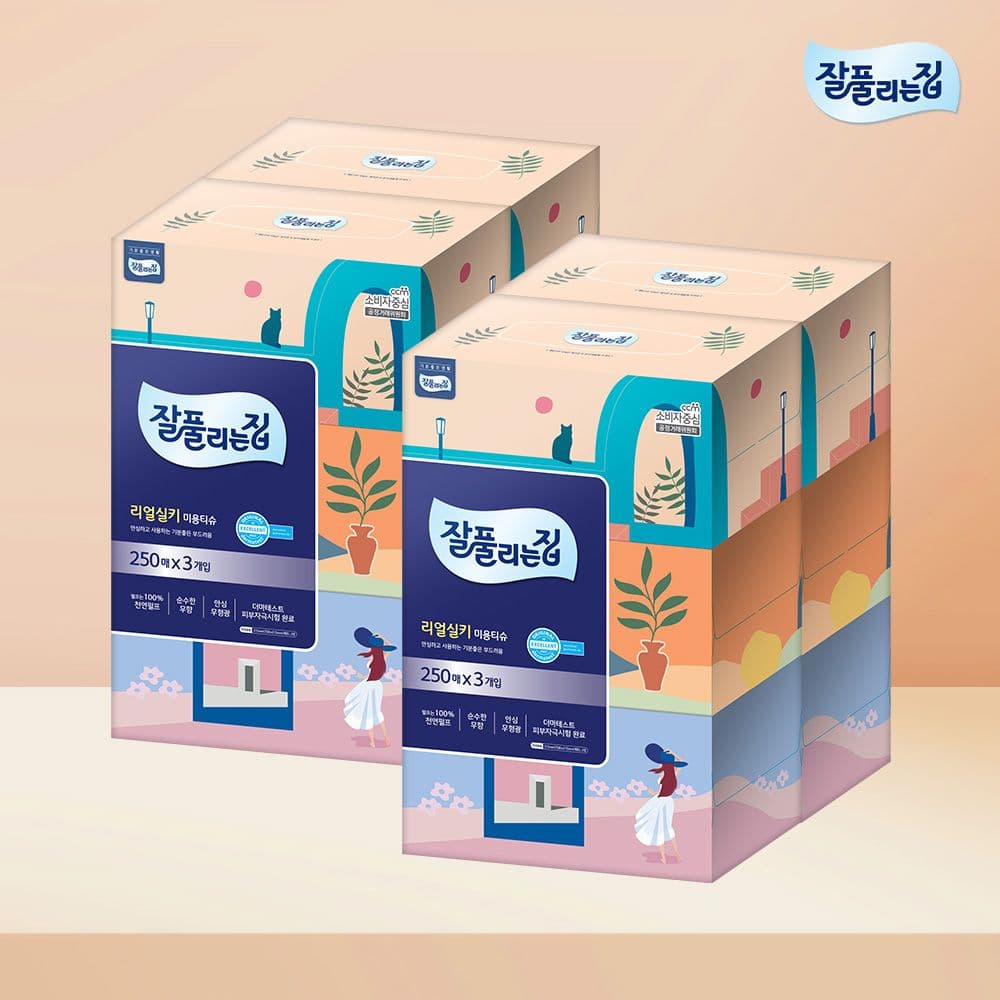 잘풀리는집 리얼실키 미용티슈 250매 x 3입 x 4팩 (12팩 구성)