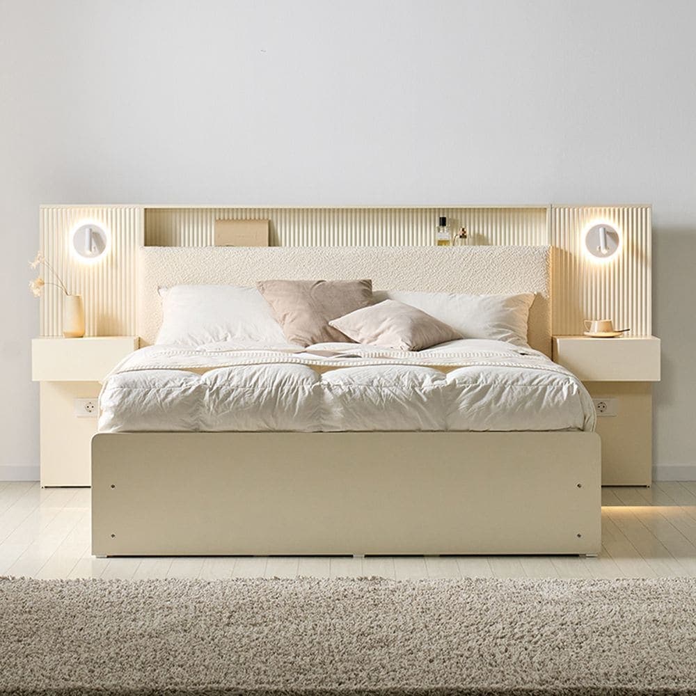 인디우드 셀린 LED조명 부클레 템바보드 빅서랍 수납 침대 프레임(SS/Q/K) - 최저가 329,000원