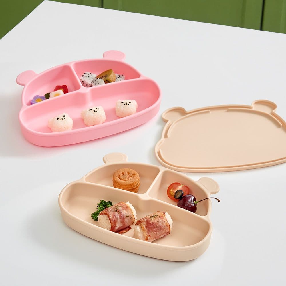 마미스테이블 먹자곰 흡착식판(식판+뚜껑) 최상급 식품용 실리콘 식판