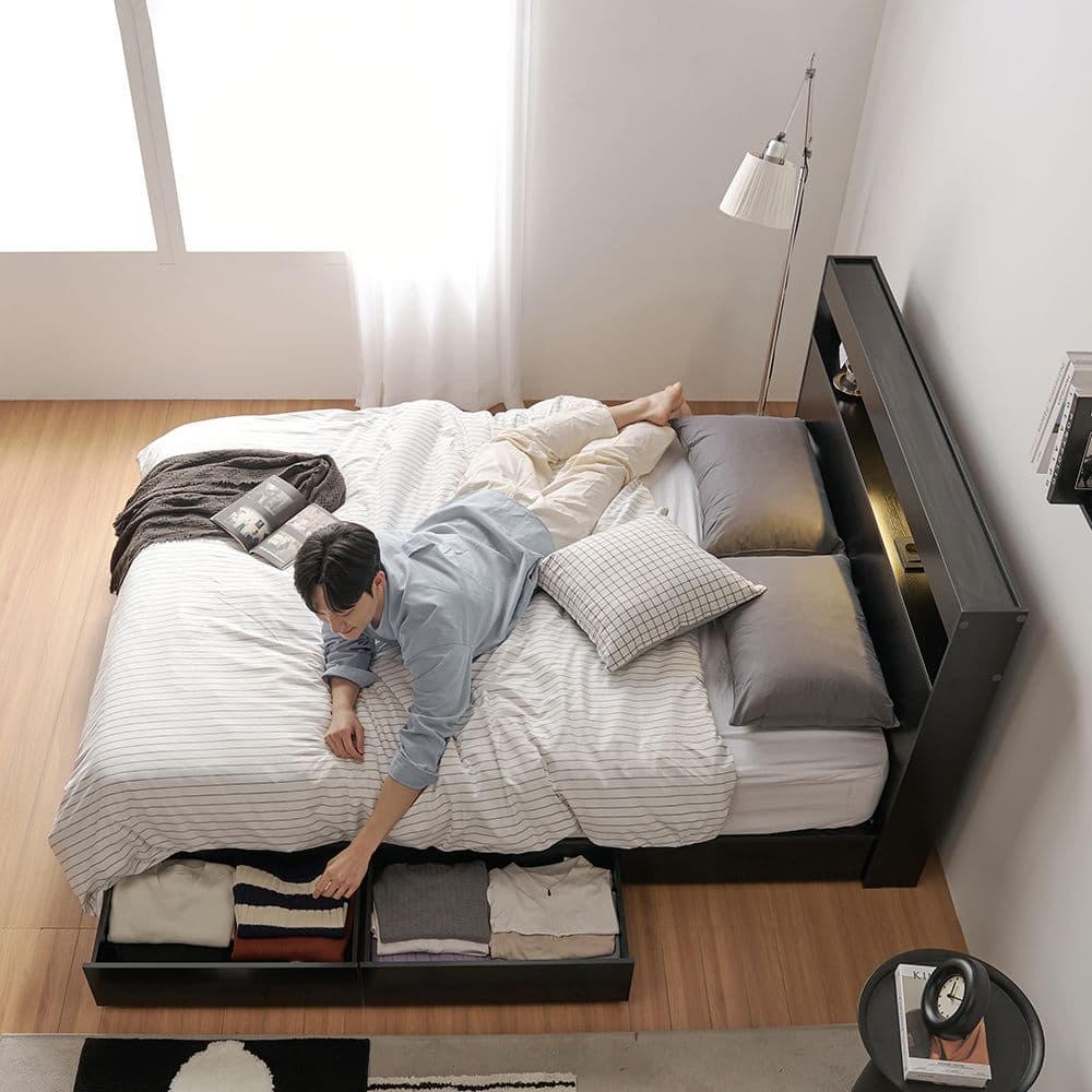 mu' 듀얼 3단 LED 벙커 수납 서랍 침대프레임 SS/Q