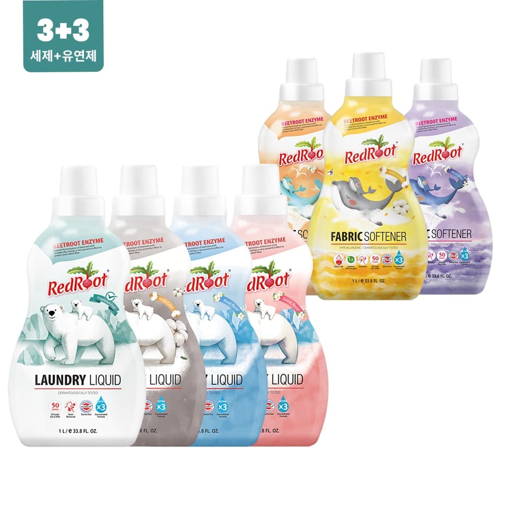 레드루트 3+3 우리아이 유기농 약산성 고농축 세탁세제 3개+유연제 3개
