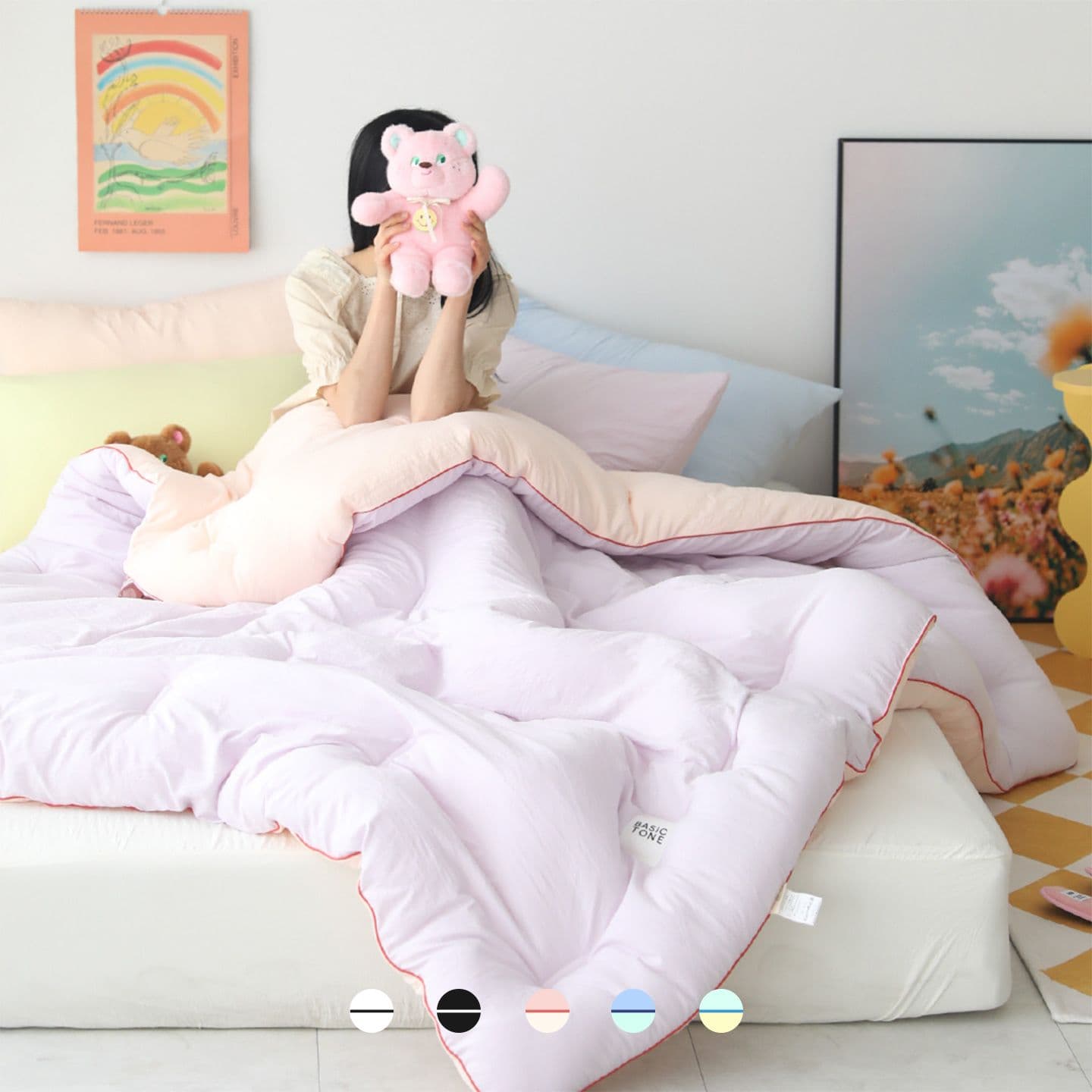 베이직톤 원단(양면): 폴리에스테르 100%
충전재: 옥수수성분 함유솜 10% + 폴리솜 90%