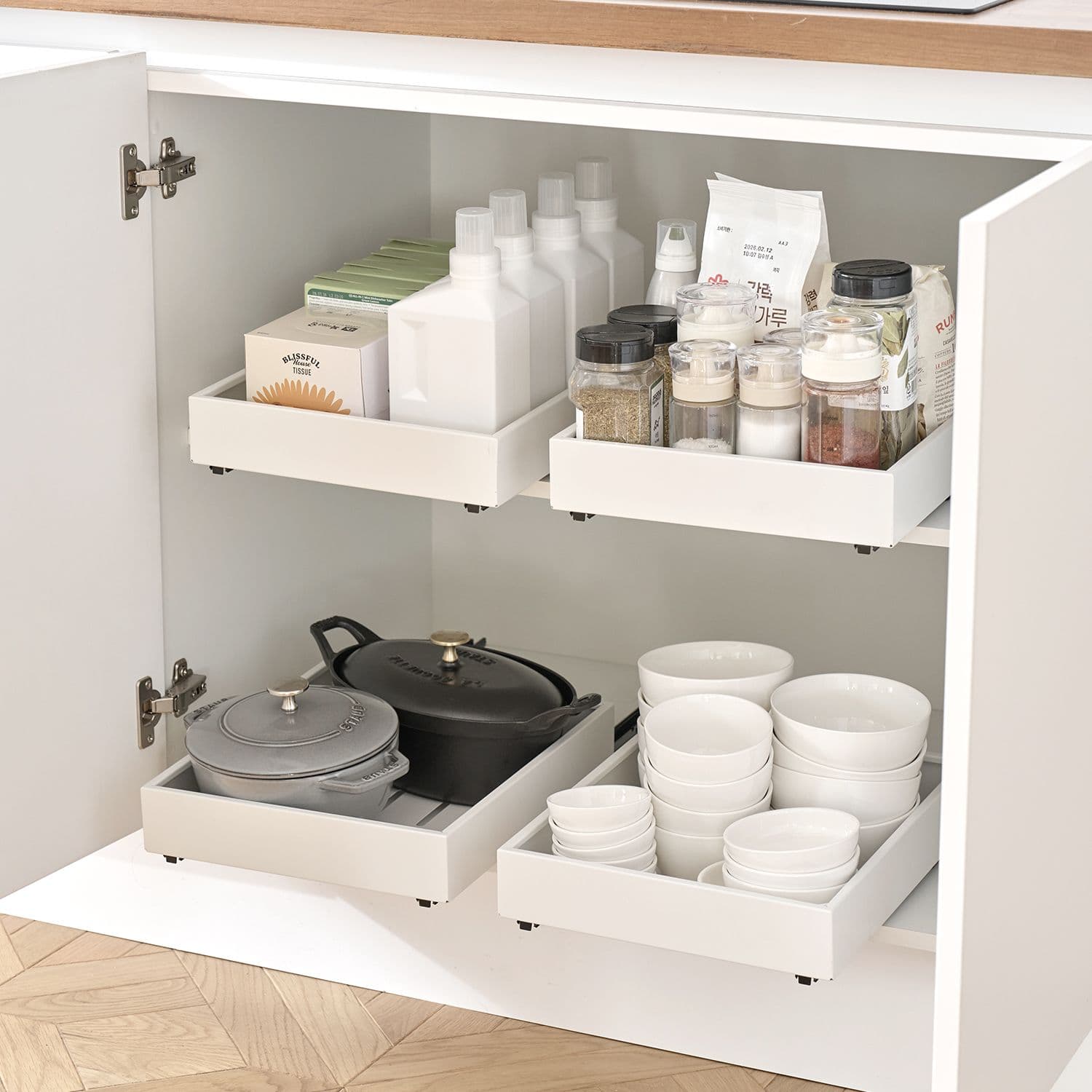 코드리빙 주방 싱크대 하부장 무타공 슬라이딩 레일 길이조절 확장형 선반