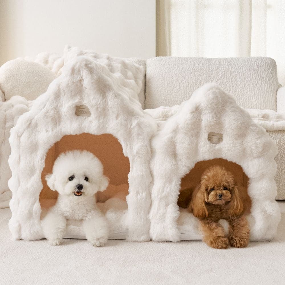 베베데코 몽글몽글 눈내린 강아지집 숨숨집 밍크 라떼 펫 하우스 방수 방석포함 2size