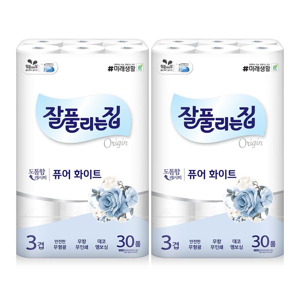 잘풀리는집 퓨어화이트 3겹 화장지 30M x 30롤 x 2팩