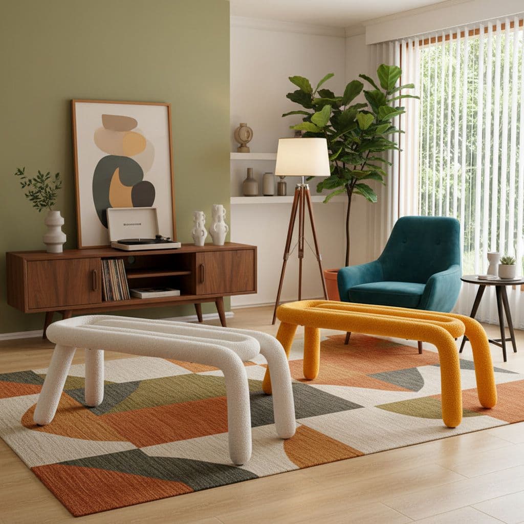 브라보가구 바바 부클레 패브릭 벤치 미드센츄리모던 뉴트로 카페의자 인테리어의자 화장대의자 양털체어