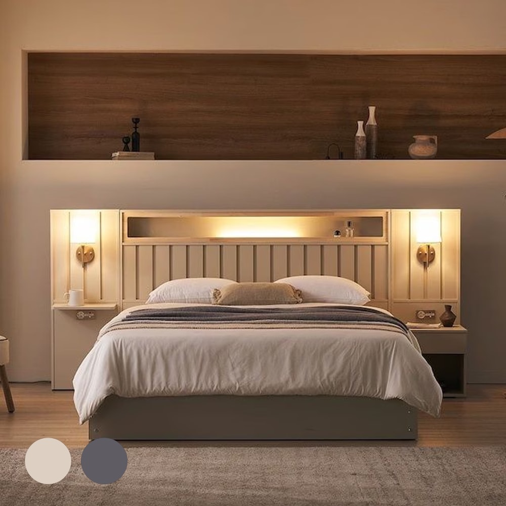 베디스 호텔식 모나코 편백아트월 LED조명 수납형 침대 SS/Q/K (매트 선택) - 최저가 334,000원