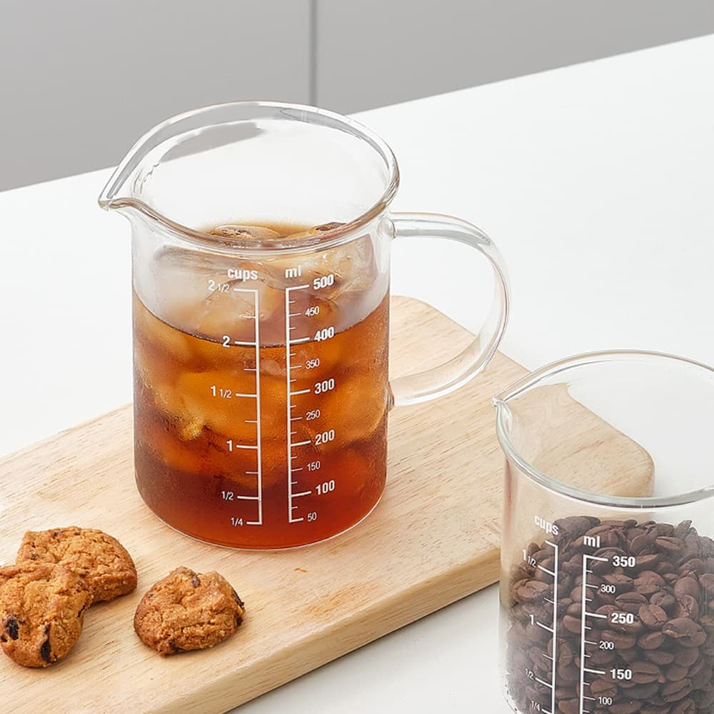 1+1 프리미엄 비커 내열 유리 계량컵 500ml / 홈카페 유리잔 컵 저그 가격 비교 리본제이 1+1 프리미엄 비커 내열 유리 계량컵 500ml / 홈카페 유리잔 컵 저그